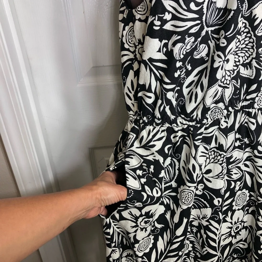 Maggy London Linen Blend Black Cream Floral Halter Pockets Lined Midi Dress 10 - Picture 5 of 16